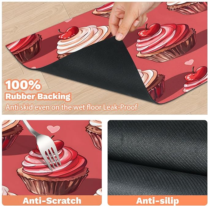 Cup Cake Dog Food Mat for Floors Absorbent Dog Bowl Mat for Food and Water Dispenser Quick Dry Cat Food Placemat Pet Supplies 12" x 20", Cherry Print