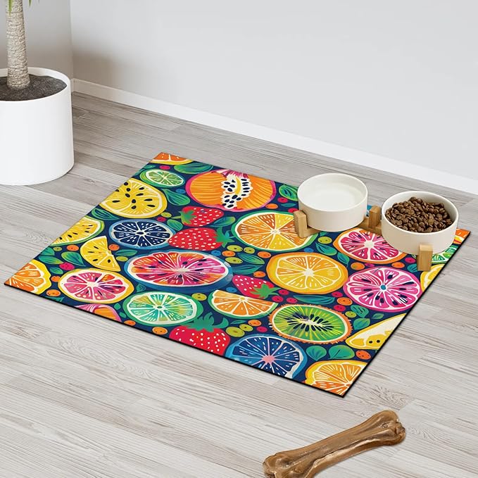 Watercolor Lemon Dog Food Mat for Floors Absorbent Dog Bowl Mat for Food and Water Dispenser Quick Dry Cat Food Placemat Pet Supplies 16" x 24", Colorful Fruit