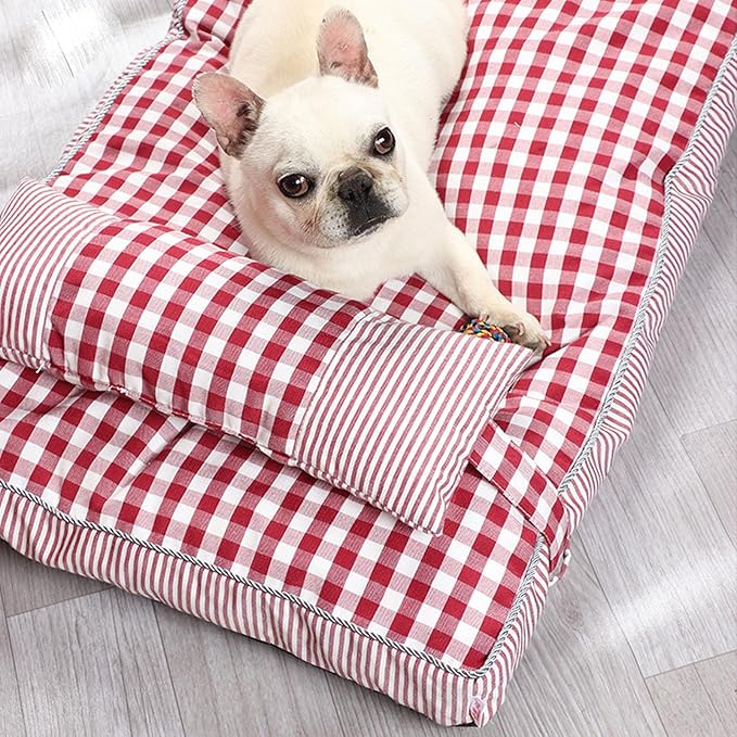 Dog Sofa Bed, Removable Washable Cover, 4 Season Universal, Soft Plush Plaid Cat Bed, Comfortable Pet Supplies (M)