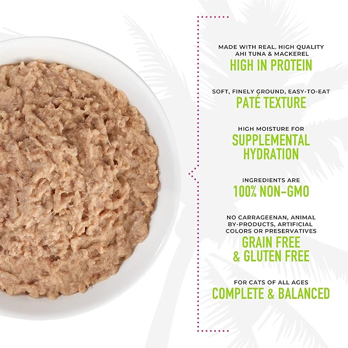 Tiki Cat Luau Pâté, Ahi Tuna & Mackerel Recipe in Tuna Consumme, Grain-Free Balanced Nutrition Wet Canned Cat Food, for All Life Stages, 2.8 oz. Cans (Pack of 12)