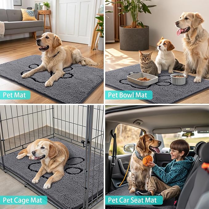 Smiry Dog Door Mat for Muddy Paws, Absorbent Dirt Trapper Non Slip Quick Dry Washable Chenille Mat for Mud Dogs, Entry Rug for Indoor and Outdoor (36x24 Inches, Dark Grey and Black)