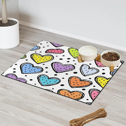 Colorful Heart Dog Food Mat for Floors Absorbent, Quick Dry Water Dispenser Mat for Food, Water, Pet Supplies 16" x 24", Black Polka Dot