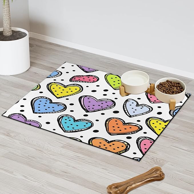 Colorful Heart Dog Food Mat for Floors Absorbent, Quick Dry Water Dispenser Mat for Food, Water, Pet Supplies 12" x 20", Black Polka Dot