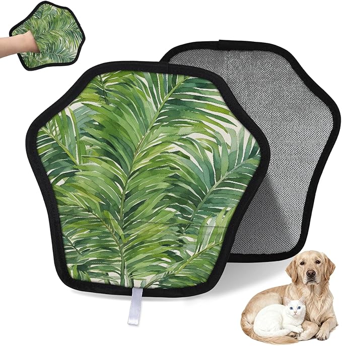 Palm Leaf Watercolor Electrostatic Pet Hair Removal Glove for Cats & Dogs - Reusable Grooming Mitt for Couch, Carpet, Car Seat & Laundry - Large 9x9 Inch