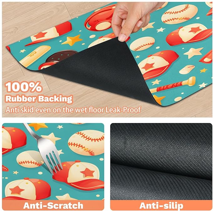Baseball Dog Food Mat for Floors Absorbent, Quick Dry Water Dispenser Mat for Food, Water, Pet Supplies 16" x 24", Sport
