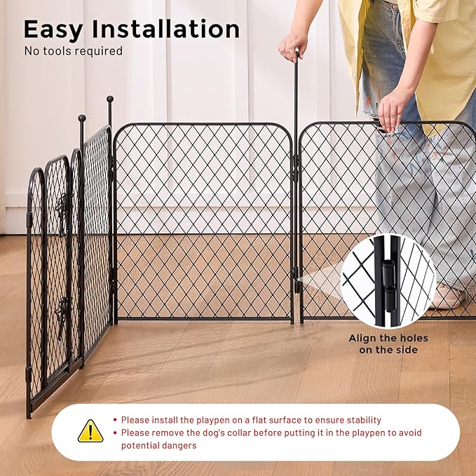 Paw Safe Dog Playpen for Indoor, 32 Inch 8 Panels Anti-pinch Diamond Mesh Dog Fence for Small Medium Dogs, Metal Stable Dog Play Pen with Door, Portable Pet Playpen for Outdoor RV Camping Yard