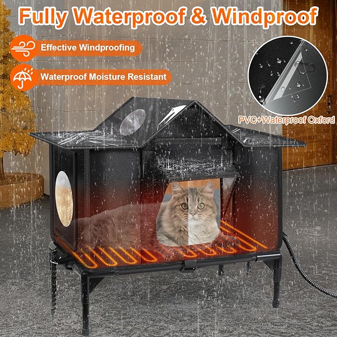 Heated Outdoor Cat House Weatherproof with Heating Pad, Insulated Feral Cat Houses for Outdoor Cats, Safe Escape Door, Heated Cats House for Outside, Outside Stray Cats Shelter with Elevated Base(M)
