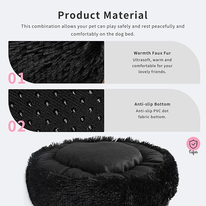 Black Dog Bed Extra Small Washable,Calming Dog Bed Princess for Small Dogs 15 inches Donut Soft Small Pet Bed,Anti Anxiety Round Fits up to 5 lbs Warm Comfort Pets Beds for Puppy Dogs Indoor