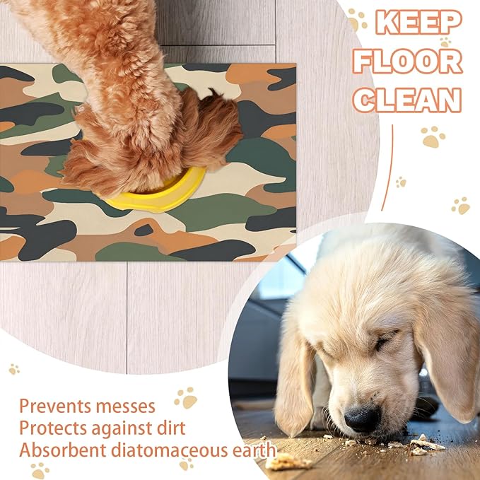 Camouflage Dog Food Mat for Floors Absorbent Dog Bowl Mat for Food and Water Dispenser Quick Dry Cat Food Placemat Pet Supplies 12" x 20", Green Brown