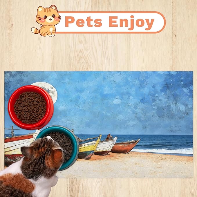 Seasides Sailboat Dog Food Mat for Floors Absorbent, Quick Dry Water Dispenser Mat for Food, Water, Pet Supplies 16" x 24", Nautical Coastal