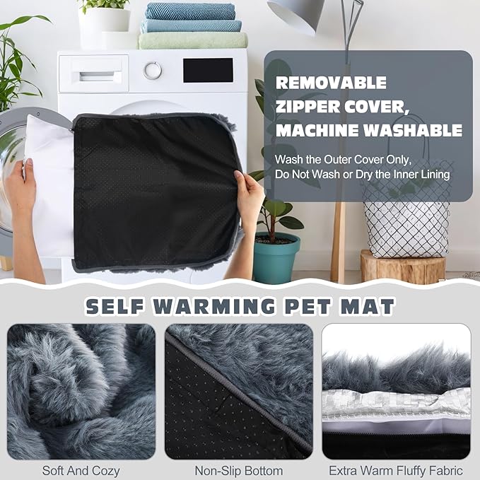 3 Pack Dark Gray Self Warming Cat Bed Indoor 16''x16'' Cat Self Heating Mat Soft Thermal Kitten Bed Heated Pet Dog Pad Washable Removable for Outdoor Use Non Slip Reflect Body Heat