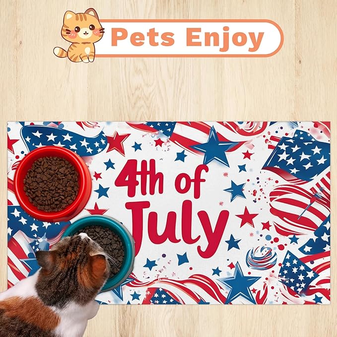 4th of July Dog Food Mat for Floors Absorbent Dog Bowl Mat for Food and Water Dispenser Quick Dry Cat Food Placemat Pet Supplies 17" x 30", American Flag Stars