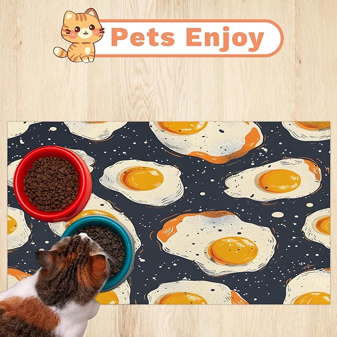 Cartoon Eggs Dog Food Mat for Floors Absorbent Dog Bowl Mat for Food and Water Dispenser Quick Dry Cat Food Placemat Pet Supplies 24" x 32", Fried Egg