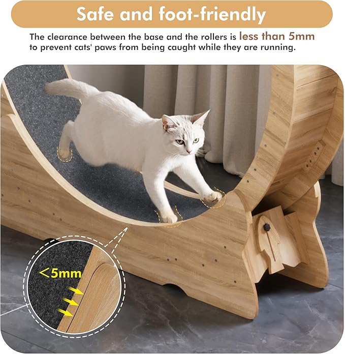 Cat Exercise Wheel, 46'' Cat Wheel for Indoor Cats with Carpeted Runway, XL Treadmill with Removable Carpet and Teaser, for Running Walking Training (Natural Wood)