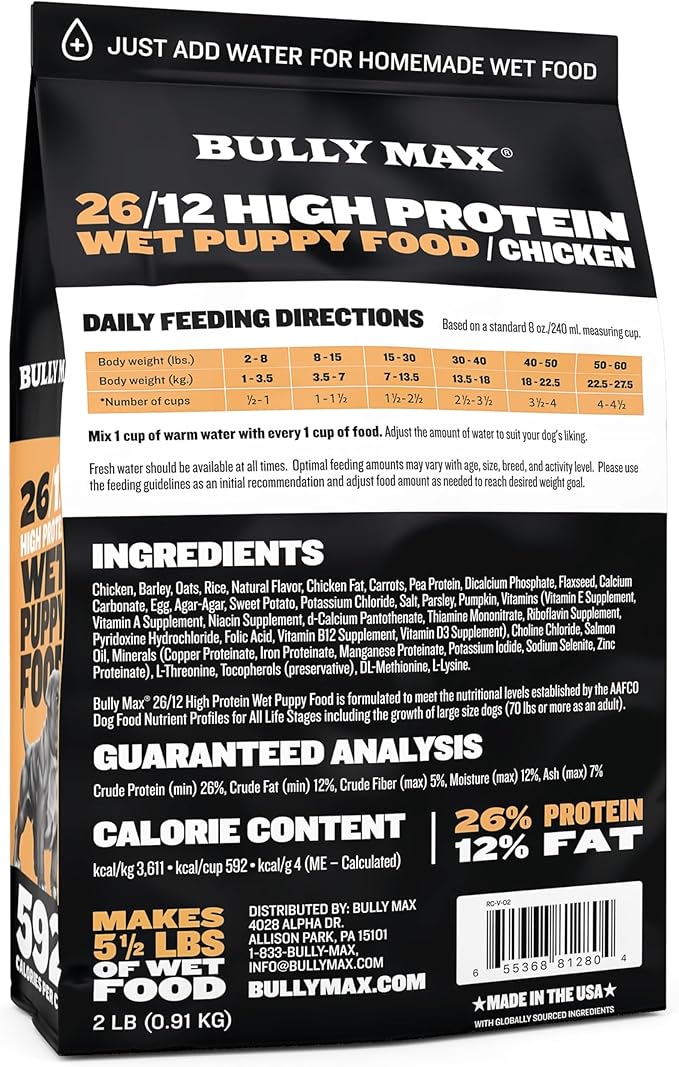 Bully Max Wet Puppy Food - Instant Fresh Dehydrated High Protein Soft Dog Food with Chicken - Healthy Growth for Small & Large Breed Puppies - 2 Dry Dog Food Pounds (Makes 5.5 lbs. of Wet Food)