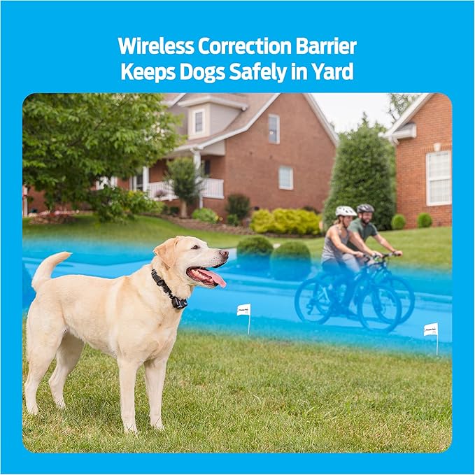 Premier Pet Wireless Dog Fence System - Adjustable Circular Boundary Up to ½ Acre - Waterproof Collar with Tone & 5 Static Levels - No Digging - Expandable to Include Multiple Dogs