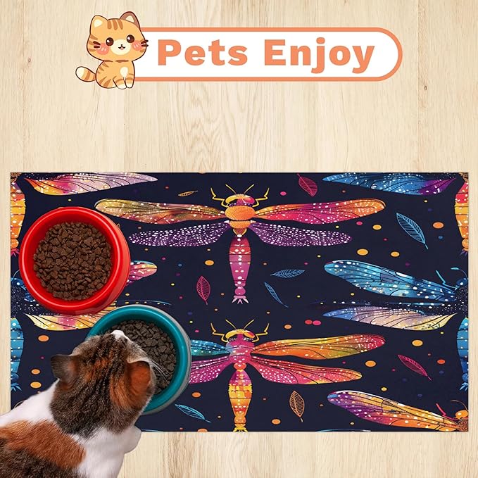 Watercolor Dragonfly Dog Food Mat for Floors Absorbent, Quick Dry Water Dispenser Mat for Food, Water, Pet Supplies 17" x 30",