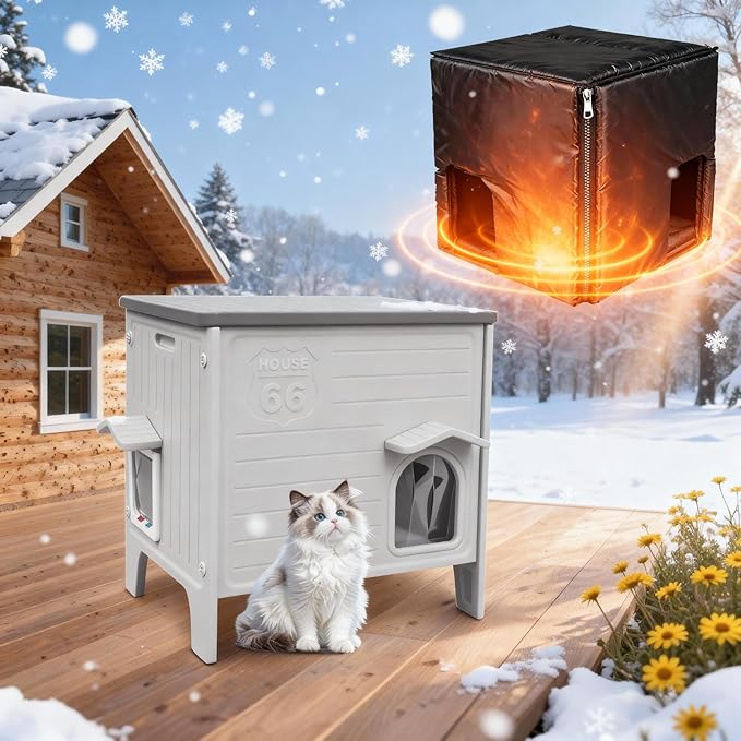Weatherproof Outdoor Cat House with Insulated Liner for Feral Cat, Plastic Elevated Cat Shelter with Escape Door, Easy Assemble, Expansive Interior‌ Grey 27.0" L x 27.0" W x 21.0" H