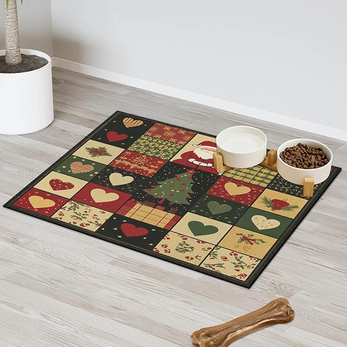 Santa Claus Dog Food Mat for Floors Absorbent, Quick Dry Water Dispenser Mat for Food, Water, Pet Supplies 12" x 20", Christmas Tree