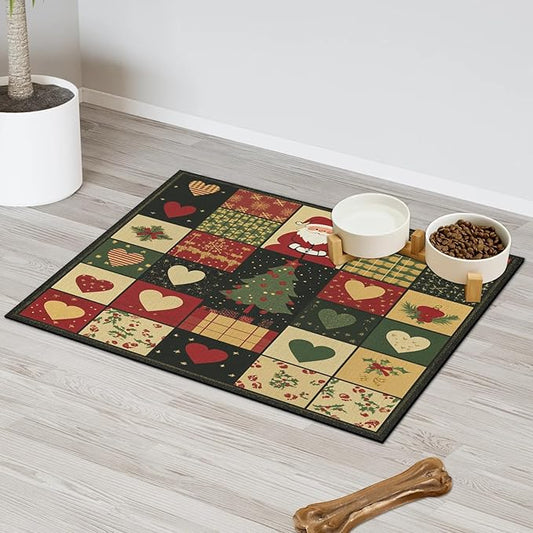 Santa Claus Dog Food Mat for Floors Absorbent, Quick Dry Water Dispenser Mat for Food, Water, Pet Supplies 12" x 20", Christmas Tree