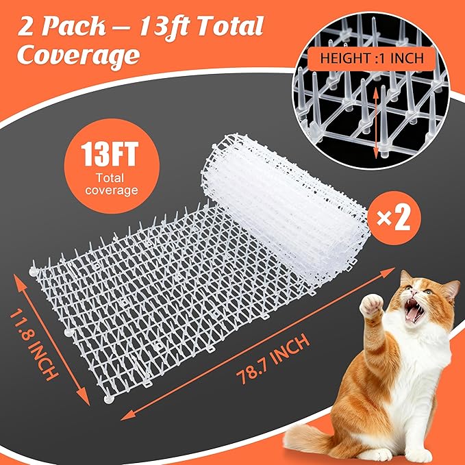 2 Pack Transparent 6.5ft Cat Scat Mat with Soft Spikes, 13ft Clear Cat Deterrent Strips for Sofa, Windowsills, Balcony & Garden, Cuttable Indoor/Outdoor Pet Repellent Mats, 78" x 11" Each