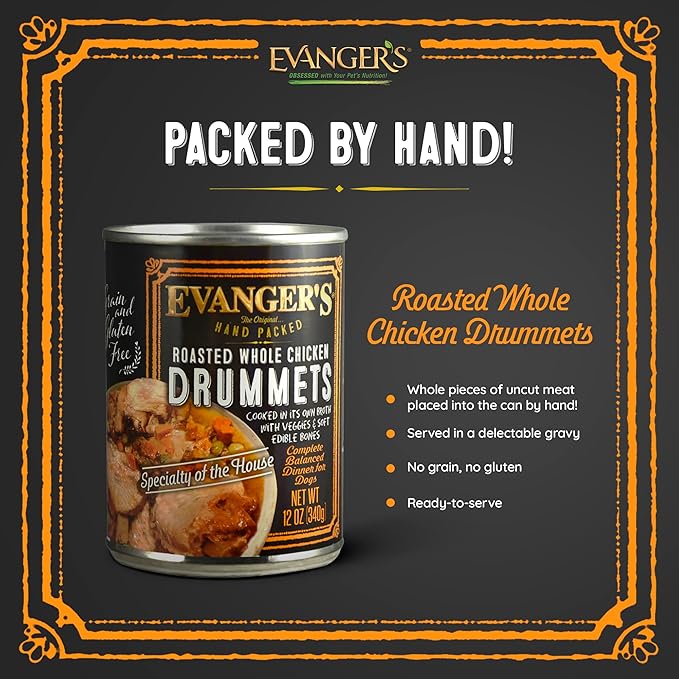 Evanger's Heritage Classics Roasted Chicken Drummets Dinner for Dogs – 12 Count, 12 oz Each – Hand-Packed Whole Chicken Drummets with Carrots & Peas – Grain & Gluten Free Wet Dog Food