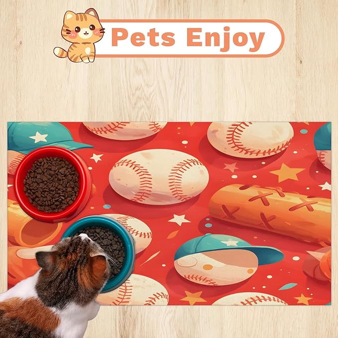 Sports Dog Food Mat for Floors Absorbent, Quick Dry Water Dispenser Mat for Food, Water, Pet Supplies 24" x 32", Baseball