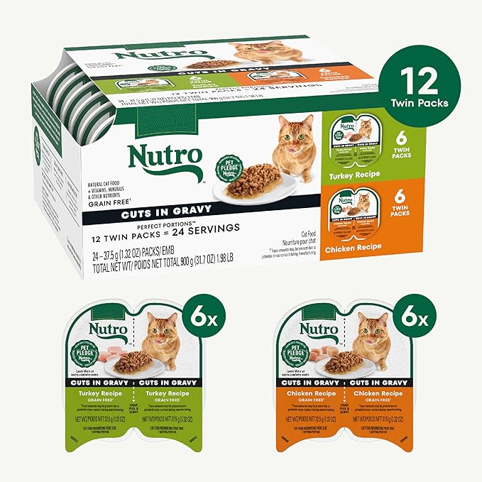 Nutro Perfect Portions Wet Cat Food Gravy Cuts Variety Pack, Cat Food Wet Recipe, Turkey or Chicken Recipe, 2.6 oz. Twin-Pack Trays, 12 Pack