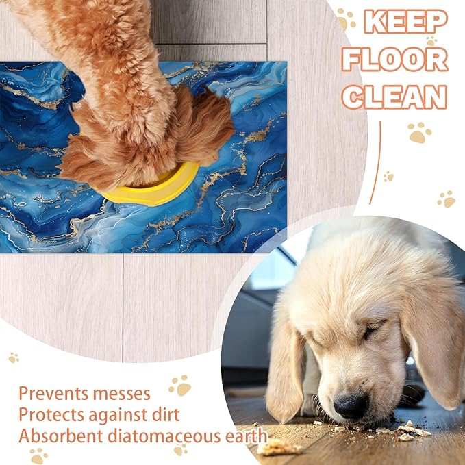 Blue Marble Dog Food Mat for Floors Absorbent, Quick Dry Water Dispenser Mat for Food, Water, Pet Supplies 24" x 32", Modern Abstract
