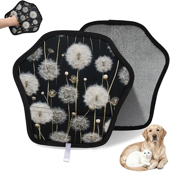 Reusable Pet Hair Removal Glove Dandelion Floral Flower Magic Brush for Cat & Dog Hair Remover for Car, Sofa, Bedding, Clothes - 9x9 Mitt Washable
