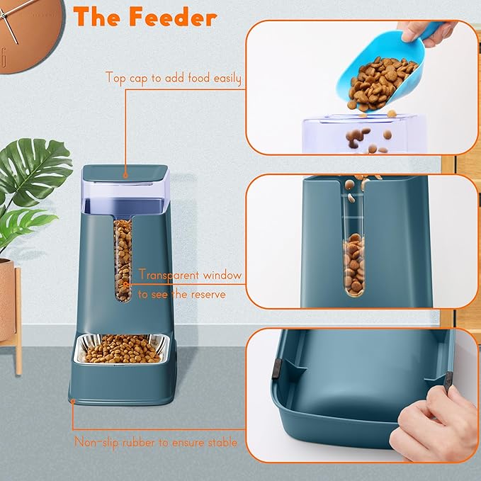 Cat Food Dispenser and Cat Water Dispenser Set with Stainless Steel Bowls Gravity Dog Feeder for Small Medium Big Cat Dog Pet Puppy Kitten, 1 Gallon x 2