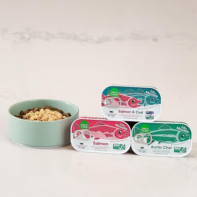 Open Farm, Canned Cat Food Topper, Silky Mousse Made with 95% Responsibly Sourced Icelandic Fish, Grain & Legume Free, Arctic Char Recipe, 3.17oz Cans (Pack of 17)
