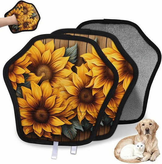 Reusable Pet Hair Removal Glove Sunflowers Blossoming Magic Brush for Cat & Dog Hair Remover for Car, Sofa, Bedding, Clothes - 9x9 Mitt Washable