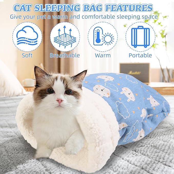 Cat Sleeping Bag Bed, Winter Soft Plush Sack Self Warming Cave Bed for Indoor Cats, 360°Wrap Comfortable Pet Snuggle Sack, Soft Plush Large - Size L (Blue)