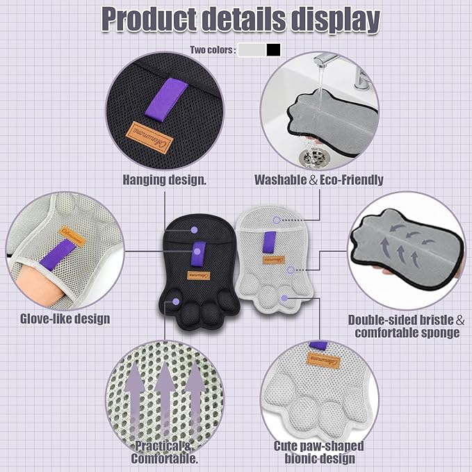 2PCS Paw Shape Pet Hair Removal Glove for Dogs & Cats, Reusable Electrostatic Lint Remover Brush for Couch, Carpet, Clothing, Bed, Car Seat, Upgraded Design（Black）