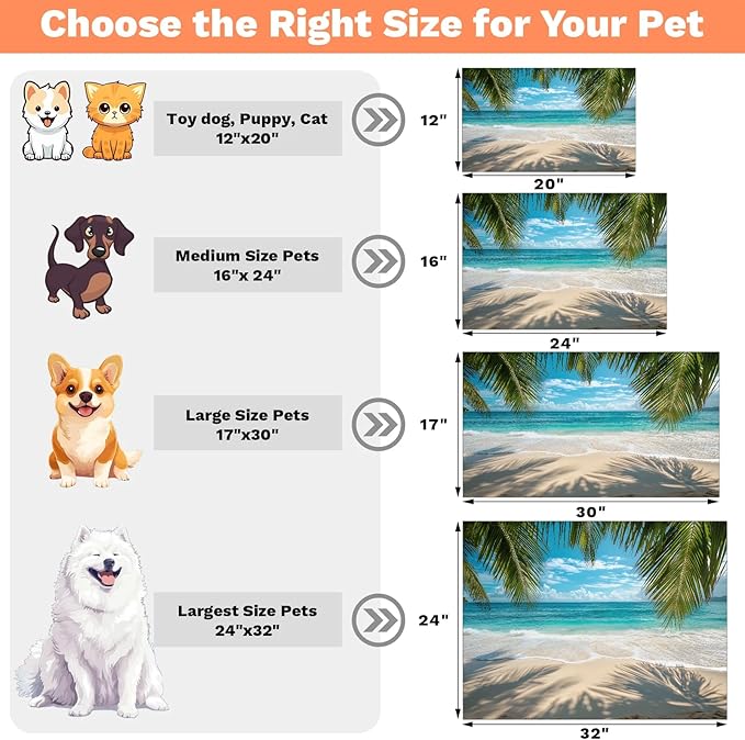 Tropical Beach Dog Food Mat for Floors Absorbent, Quick Dry Water Dispenser Mat for Food, Water, Pet Supplies 17" x 30", Summer Seaside