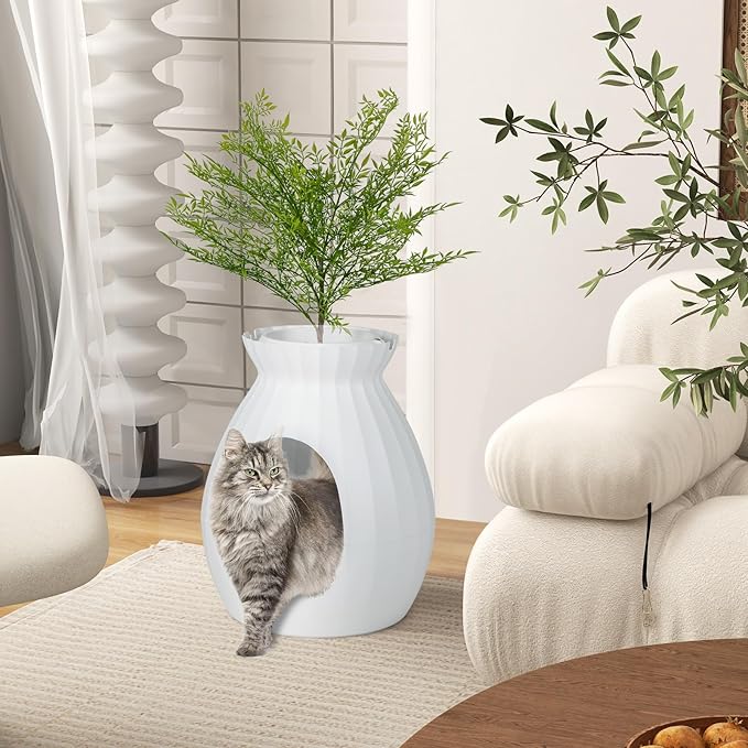 Tangkula Plant Litter Box, Hidden Cat Litter Box Enclosure Furniture with Smart Odor Control System, Artificial Plant, Large Planter Litter Box with Door Curtain, Pebbles, Scoop for Cats, Kitty