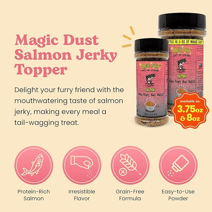 Wild Meadow Farms - Magic Dust Salmon Jerky Topper, Single Protein Pet Food Topper for Dogs & Cats, Enhance Flavor & Elevate Mealtime Excitement for Picky Eaters - 3.5 Ounce Bottle in Salmon Flavor