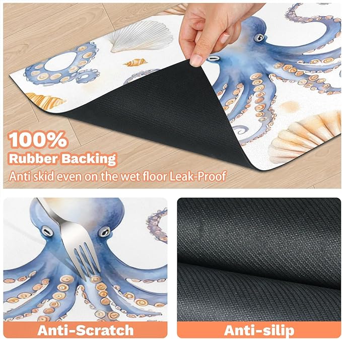 Nautical Octopus Dog Food Mat for Floors Absorbent Dog Bowl Mat for Food and Water Dispenser Quick Dry Cat Food Placemat Pet Supplies 17" x 30", Seashell Beach Ocean