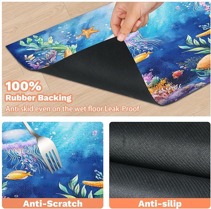 Undersea Nautical Dog Food Mat for Floors Absorbent Dog Bowl Mat for Food and Water Dispenser Quick Dry Cat Food Placemat Pet Supplies 16" x 24", Starfish Coral