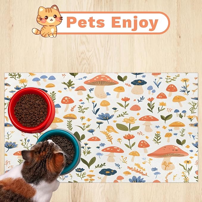 Boho Floral Mushroom Dog Food Mat for Floors Absorbent Dog Bowl Mat for Food and Water Dispenser Quick Dry Cat Food Placemat Pet Supplies 24" x 32",