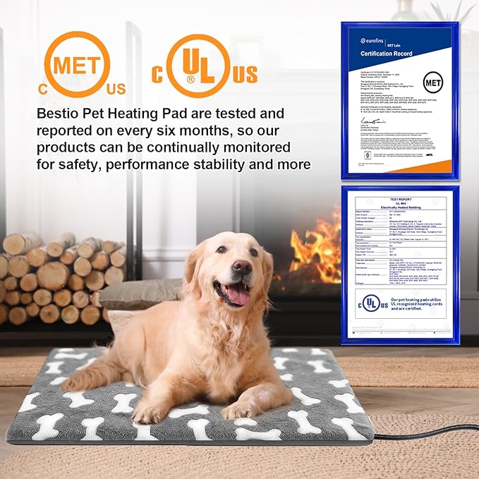 Bestio Cat Heating Pad, 18×18 in Waterproof Heated Cat Bed with Intelligent Constant Temperature Switch and Metal Protective Tube, Pet Heating Pads for Cats Dogs with Washable Cover-Grey