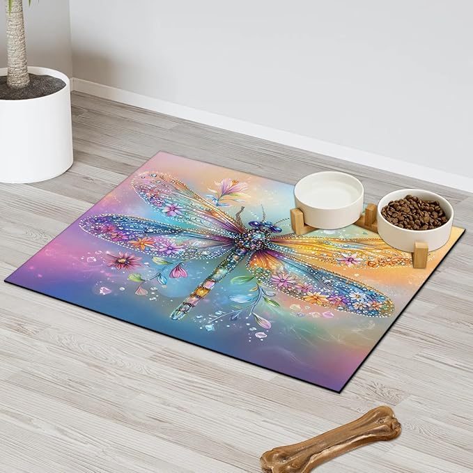 Dragonfly Dog Food Mat for Floors Absorbent, Quick Dry Water Dispenser Mat for Food, Water, Pet Supplies 12" x 20", Floral