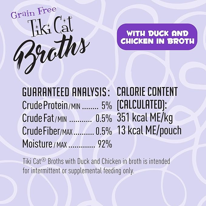 Tiki Cat Born Carnivore Broths, Duck & Chicken Recipe, Hydration and Flavor Supplement Cat Food Topper, 1.3 oz. Pouch (12 Count)
