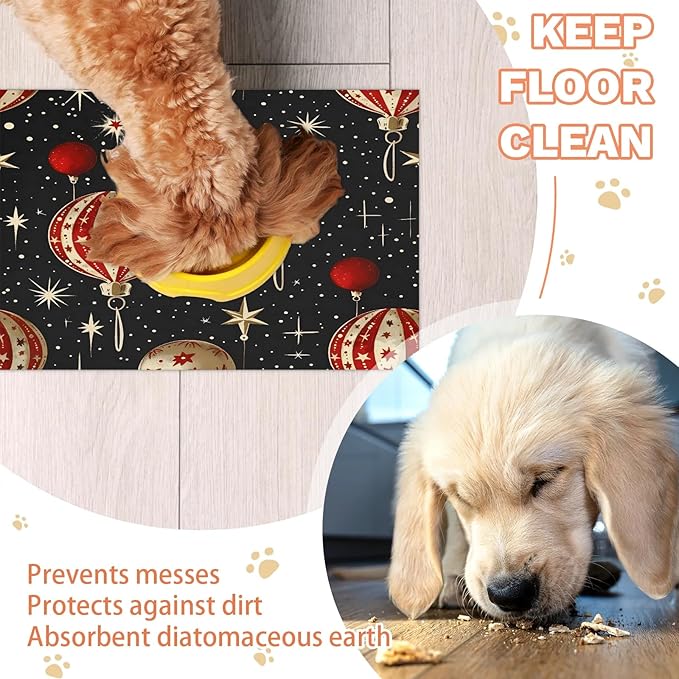Xmas Balls Dog Food Mat for Floors Absorbent, Quick Dry Water Dispenser Mat for Food, Water, Pet Supplies 12" x 20", Christmas