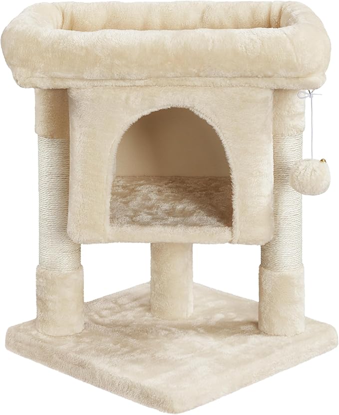 Yaheetech Cat Scratching Posts with Bed, 23.5 Inches Cat Kitten Scratcher Featuring with Sisal Scratch Posts, Interactive Dangling Ball for Indoor Large Cats, Beige