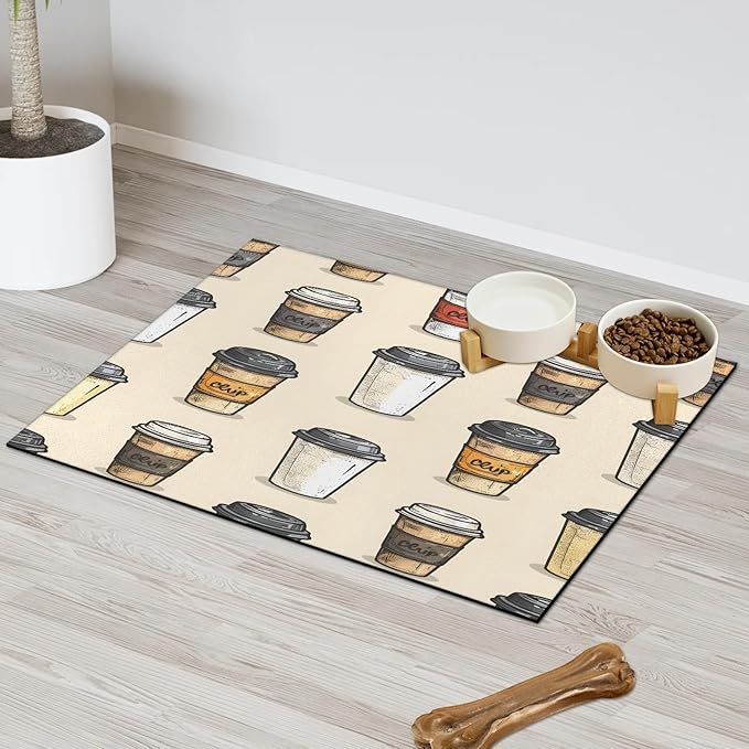 Vintage Coffee Dog Food Mat for Floors Absorbent Dog Bowl Mat for Food and Water Dispenser Quick Dry Cat Food Placemat Pet Supplies 12" x 20", Coffee Theme