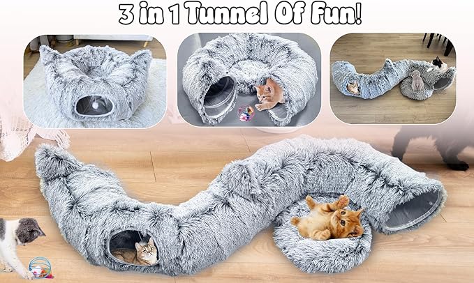 Cat Donut Tunnel Bed with 3pcs Mouse Ball Toy - Cat Tunnel for Under Christmas Tree & Cat Tunnel Bed Cave - Soft cat cave Bed – 3-in-1 Cat Tunnels for Indoor Cats, Kittens, Puppies, Rabbits (Grey)