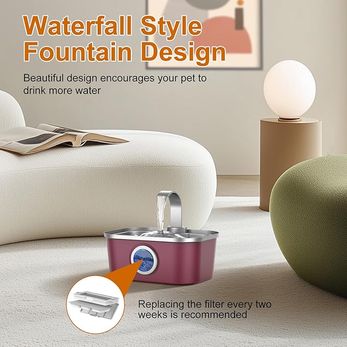 Bobo&Dragon Stainless Steel Cat Water Fountain, 124oz/3.5L Automatic Dog Water Dispenser - Ultra Quiet Faucet Flow, Smart Window & Fresh Filtered Hydration, Dishwasher Safe for Multi-Pet Cosmic Berry