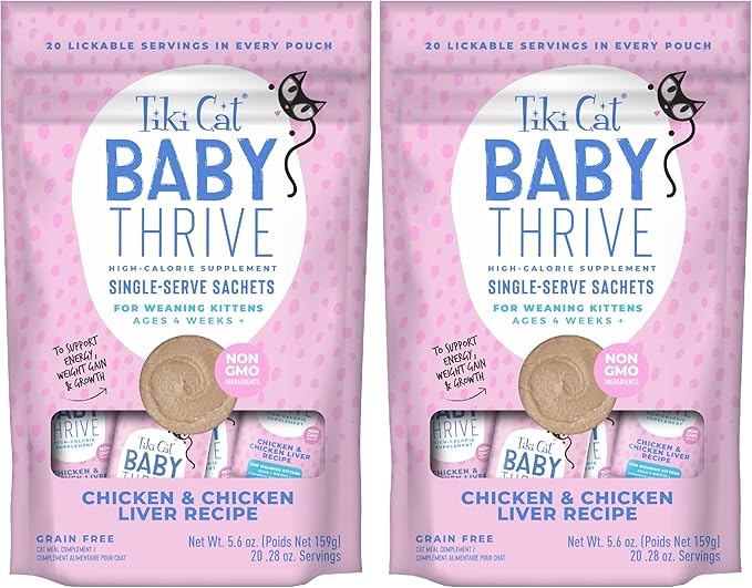 Tiki Cat Baby Thrive, Chicken & Chicken Liver Mousse, 5.6 oz. Pouch (20 Individual Servings) (Pack of 2)